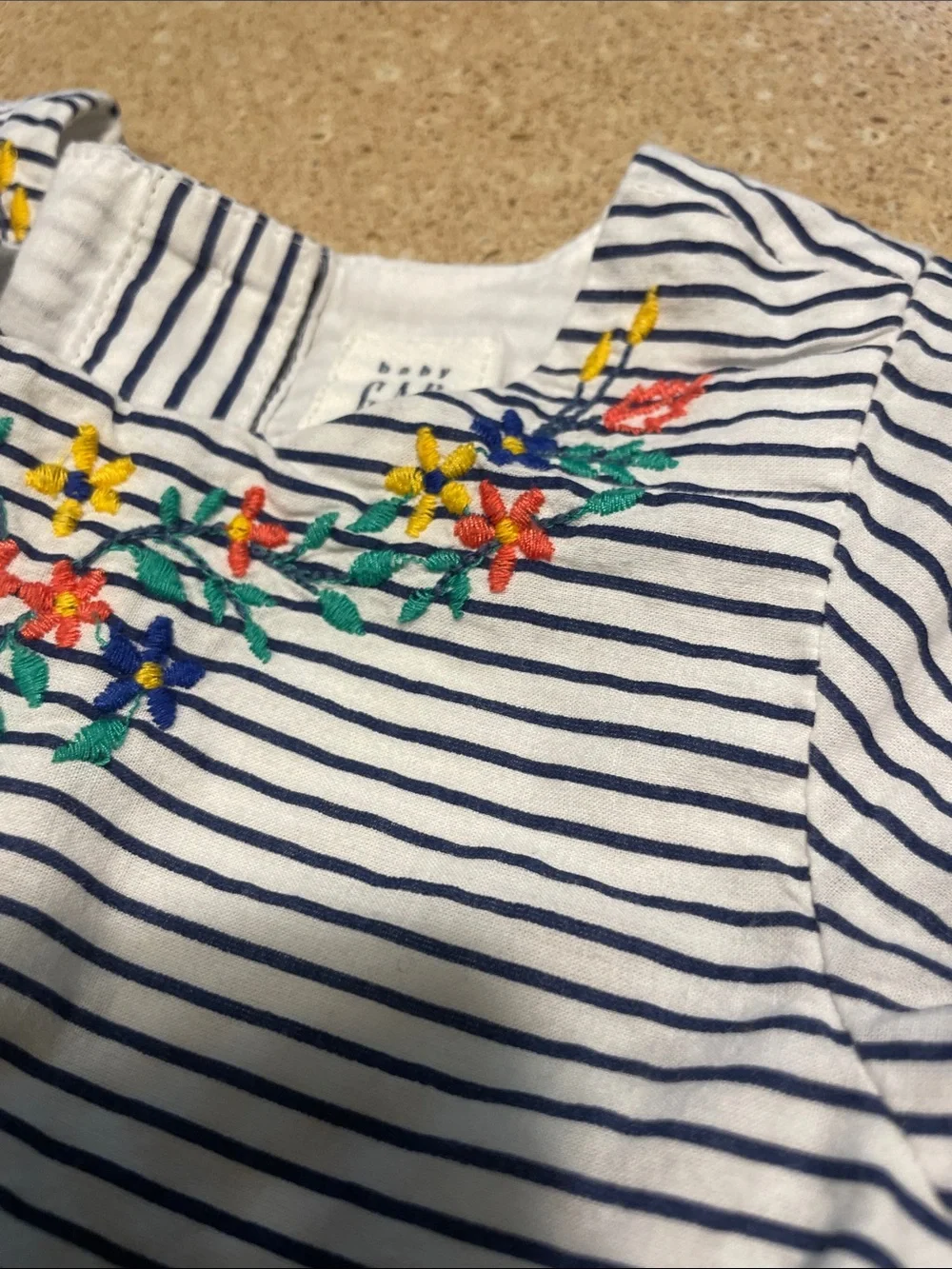 GAP Navy & White Striped Dress with Colorful Floral Embroidery